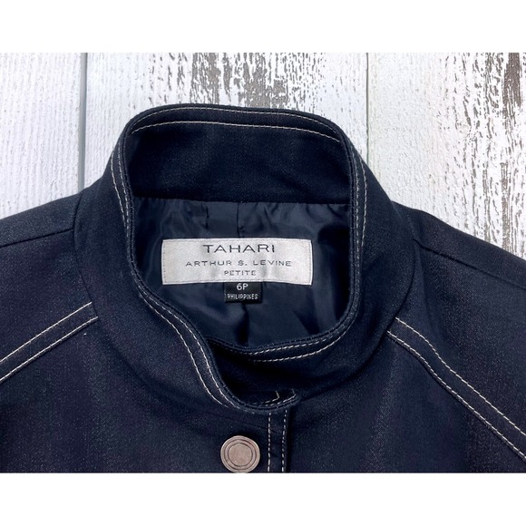 Tahari Arthur S Levine Petite 6P Navy Jacket Women's Long Coat Contrast Stitch - Picture 3 of 7